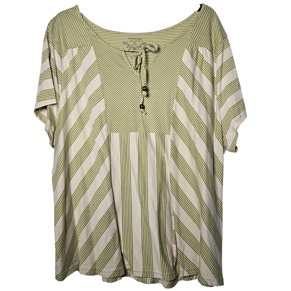 Sonoma Womens Green Striped Short Sleeve Top 2X Modal Boho Coastal Casual Earthy